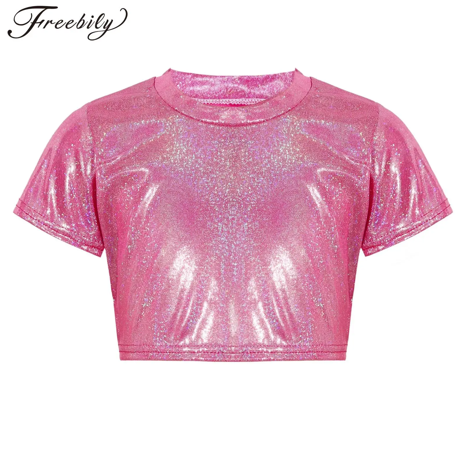 

Kids Girls Boys Shiny Metallic T-shirt Short Sleeve Jazz Dance Cropped Tops for Carnival Party Dancing Stage Performance Costume