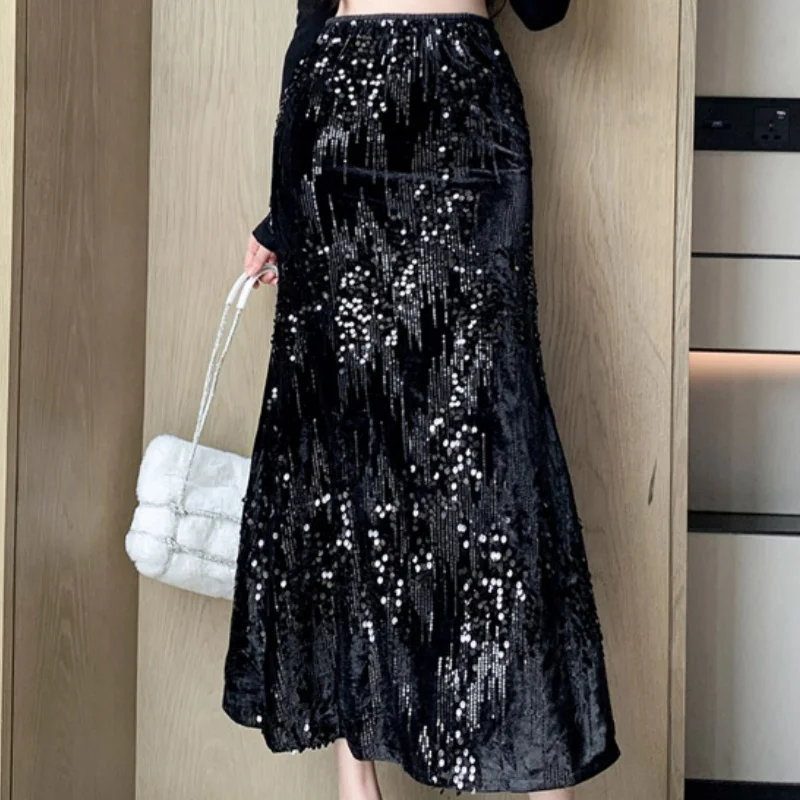 A Niche Style Waist Up White Short Sleeved Shirt Summer Belly Covering Sequin Fish Tail Half Skirt Commuting Two-piece Set