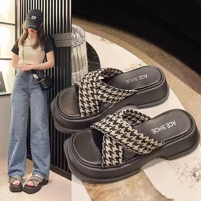 Crossed Ribbon Woven Roman Sandals Women's 2023 Summer New Thick Bottom Anti Slip Temperament Versatile Soft Bottom Sandals