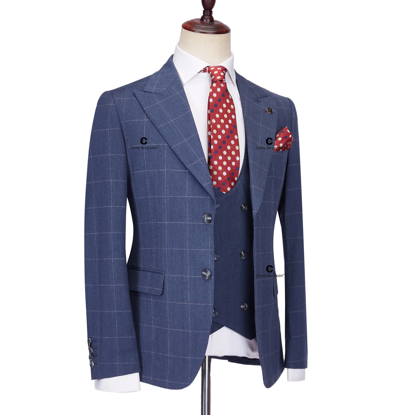 Cenne Des Graoom Tailor-Made Blue Plaid Men suits Slim Fit Jacket Vest Pants 3 Pcs Set Groom Business Office Meeting Party