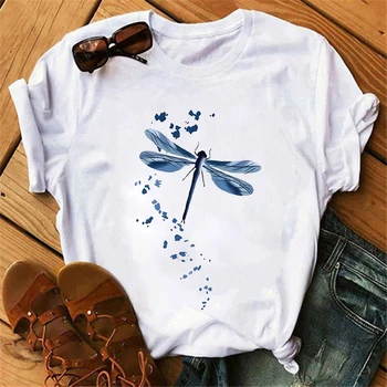 Hip Hop Art Dragonfly Floral Print T-shirt Short Sleeve O-neck Casual Top for Summer Spring Women's Clothing Top Tee 1