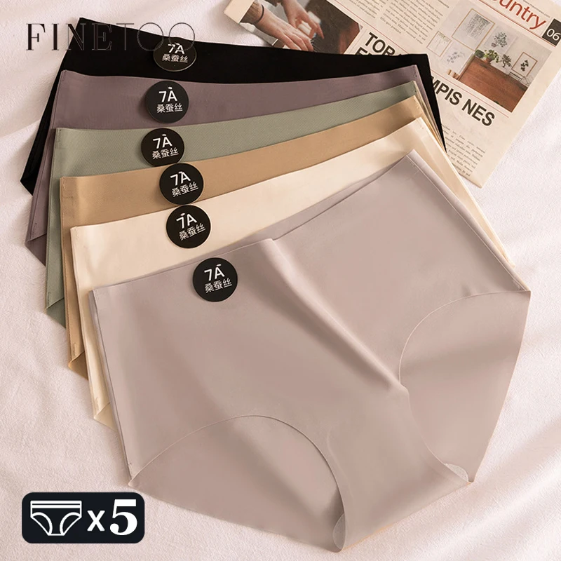 FINETOO 5PCS Seamless Mulberry Silk Underwear Ultral Thin Womens Panties Sexy High Elastic Invisible Briefs Soft Lingerie M-XL
