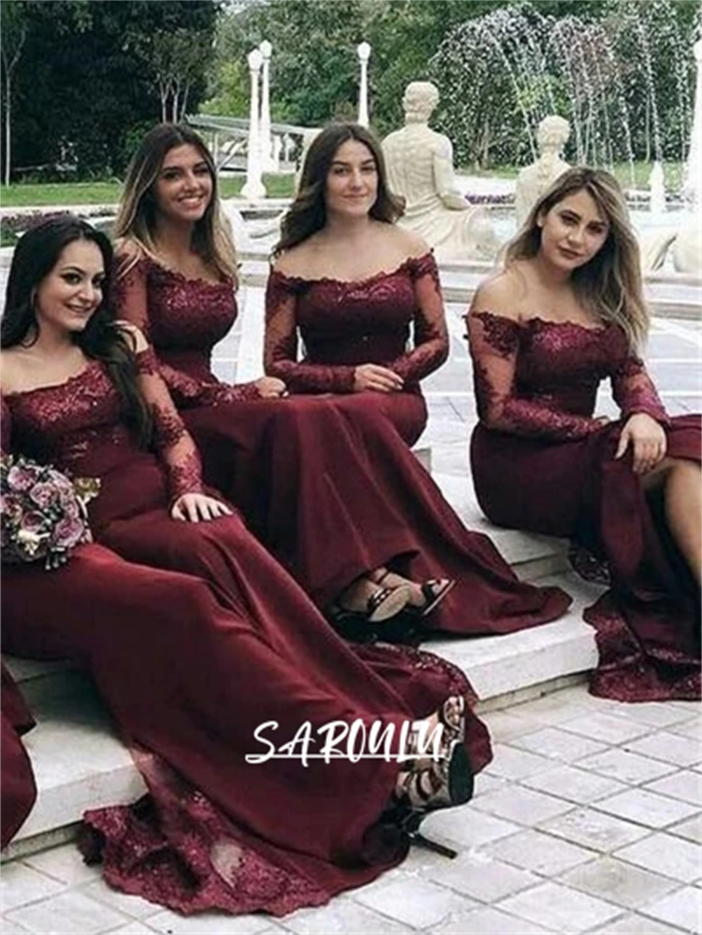 

Burgundy Off-The-Shoulder Bridesmaid Dress Long Illusion Lace Sleeves Wedding Party Dress With Slit Robe De Soriee