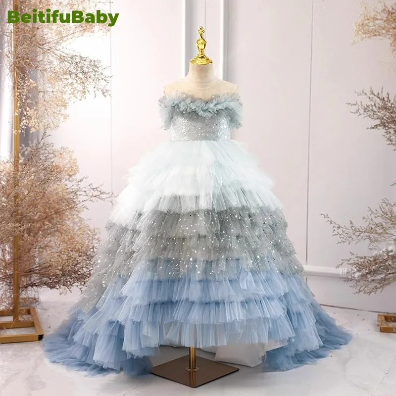 

BeitifuBaby Flower Girl Dresses for Wedding Party Princess Style Lace Tiered Skirts Sleeveless Button Banquet Children's Dress