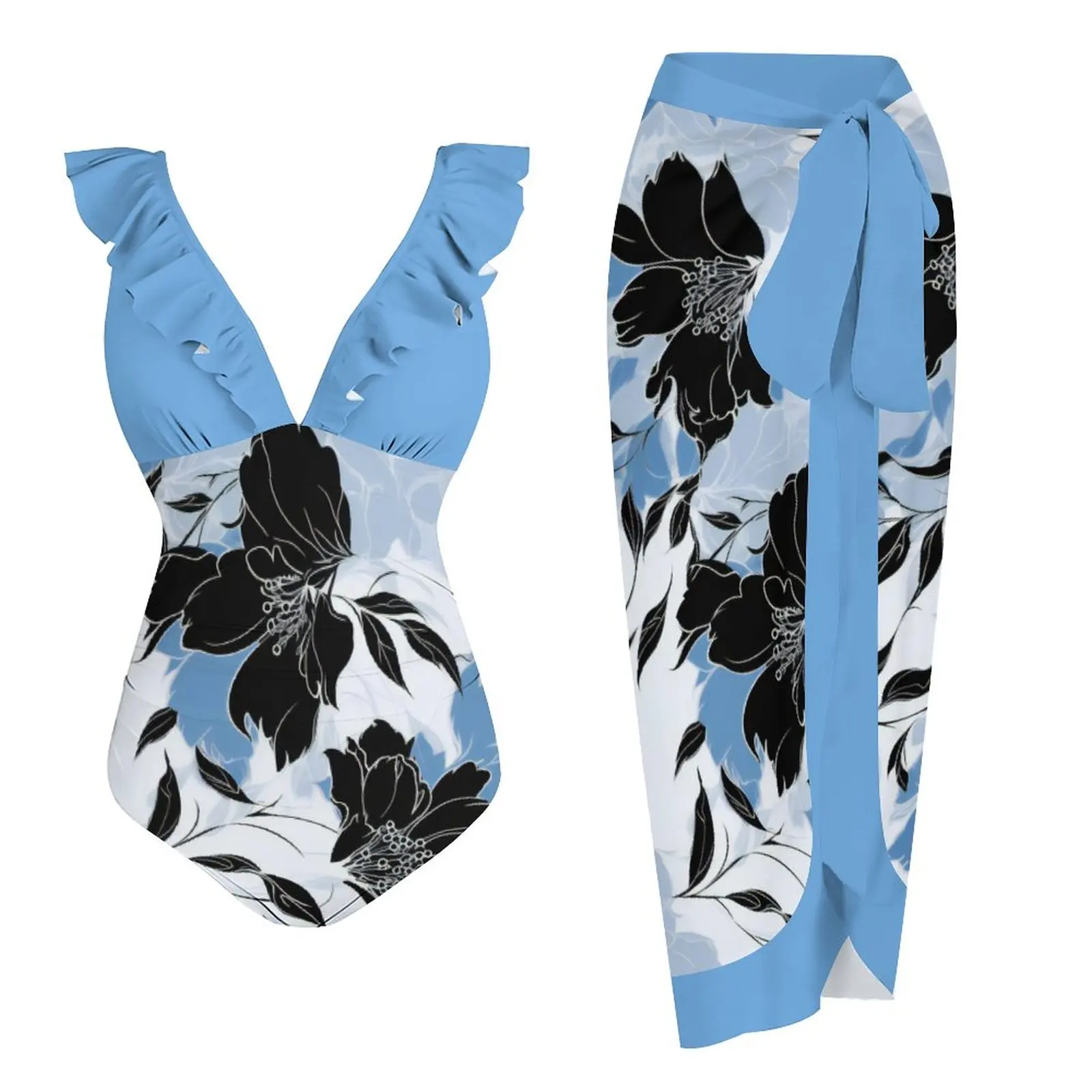

Fashion Blue Printed High Waist Bikini Off-the-shoulder Swimsuit Sexy Independent Beach Skirt 2023 Swimwear Beachwear Bathing