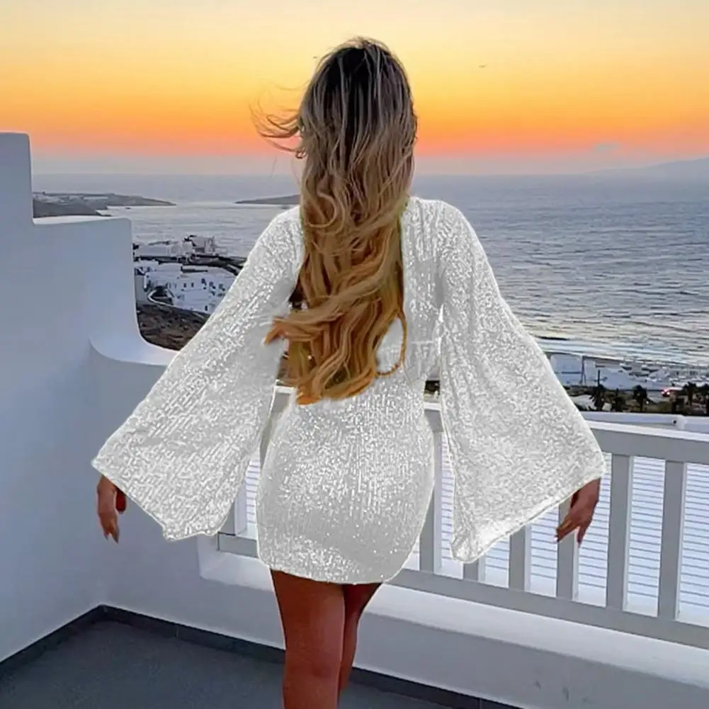 

Sequin Bell Sleeve Dress Sequin Round Neck Mini Dress for Women Shiny Slim Fit Sheath with Long Horn Sleeves Above for Women