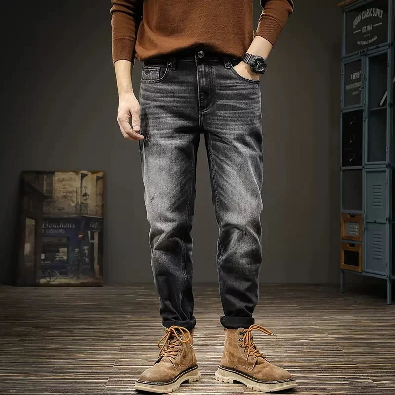 fashion designer men jeans high quality retro light gray blue elastic slim fit ripped jeans men patched vintage pants hombre Fashion Vintage Men Jeans Black Gray High Quality Elastic Slim Fit Ripped Jeans Men Casual Trousers Retro Designer Pants Hombre