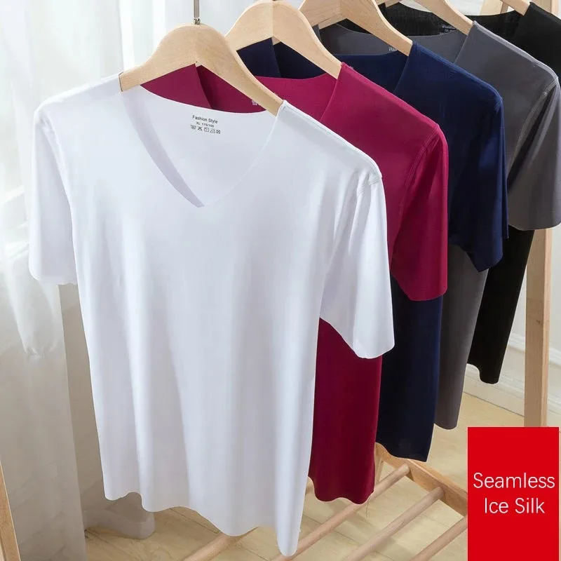 Plus Size Mens V-Neck Undershirts Man Ice Silk Seamless Short Sleeves Basic Shirts Summer Sexy Fitness Body Building Underwear men underwear cotton vest compression t shirt men undershirt short sleeve undershirt sports sleeveless vest tanktop set cotton sleeveless t shirt compression shirt men wrestling singlet