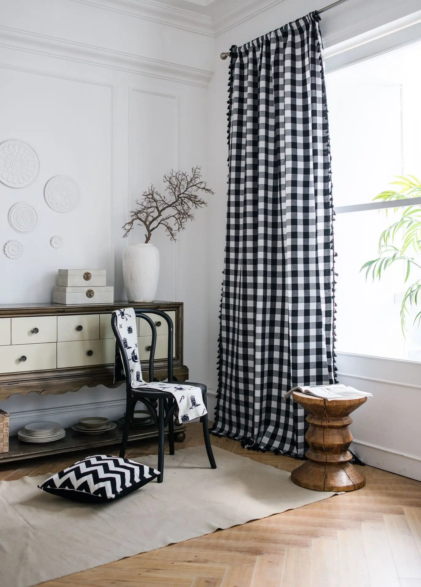 Description Picture 2 of itemSemi-Blackout Windows Vintage Curtains for Bedroom Drapes in Living Room Black and White Squares Tassel Farmhouse Home Decor