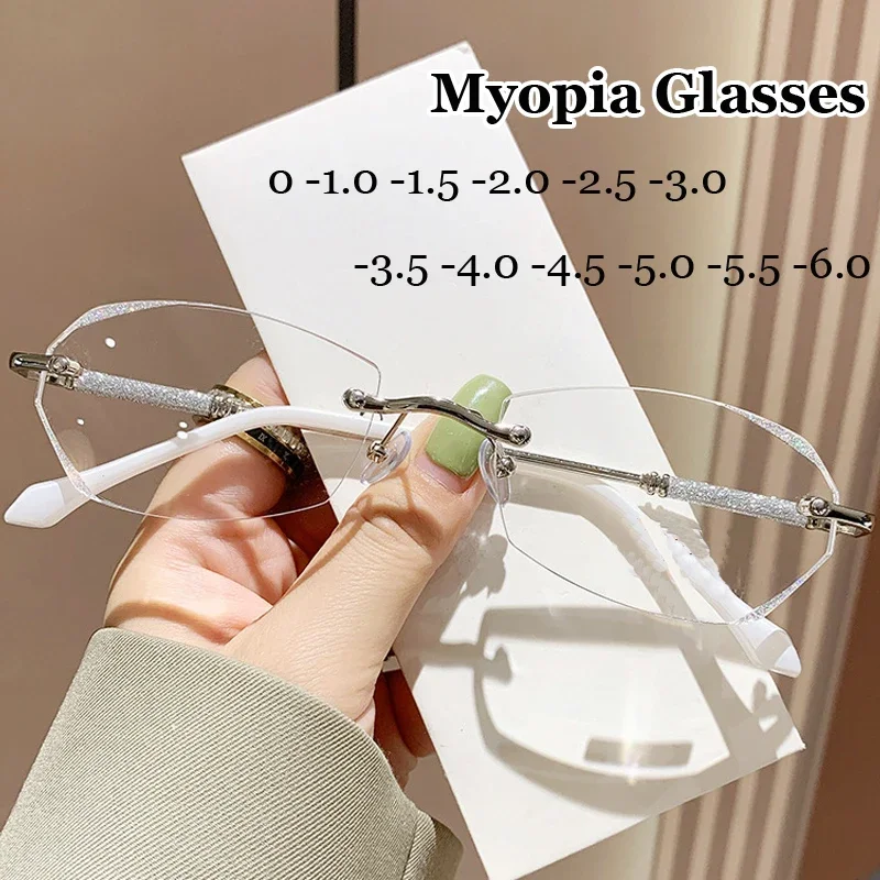 

Luxury Ladies Myopia Glasses Diamond Cutting Rimless Anti Blue Light Minus Glasses Finished Optical Near Sight Eyewear Diopter