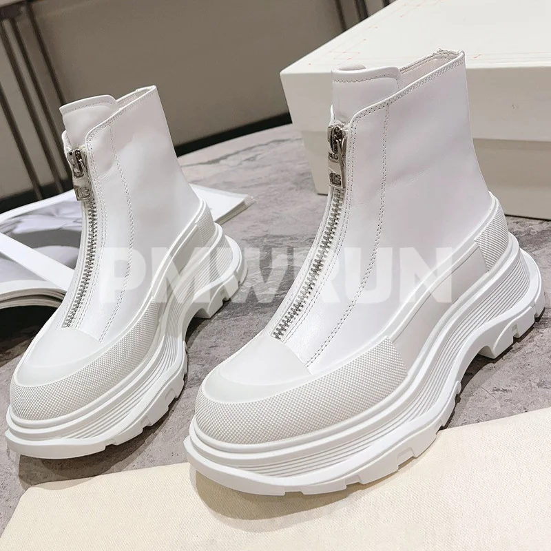 

Unisex Style Short Boots Spring Autumn Front Zipper Design Genuine Leather Round Head Women Boots Fashion Versatile Female Shoes