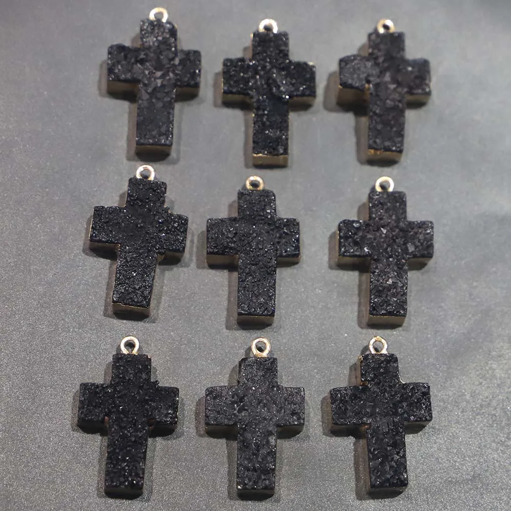 Selling Natural Stone Black Agate Cross Druzy Necklace Pendant Men Women Unisex Charms DIY Fashion Jewelry Making Wholesale 6Pcs
