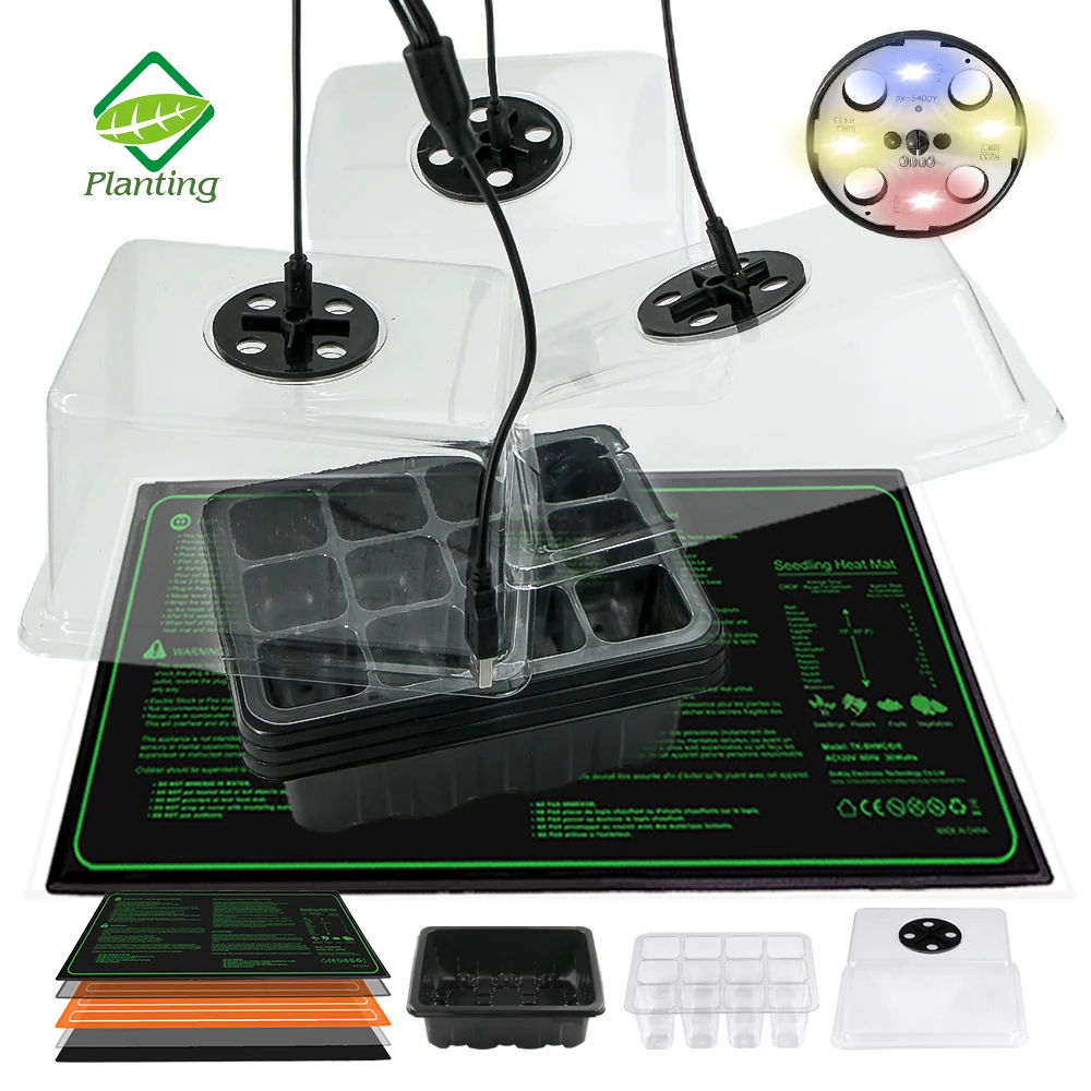 12-cells Seedling Trays Germination Box Full Spectrum LED Grow Light Waterproof Plants Heating Pad Indoor Garden Seed Growing