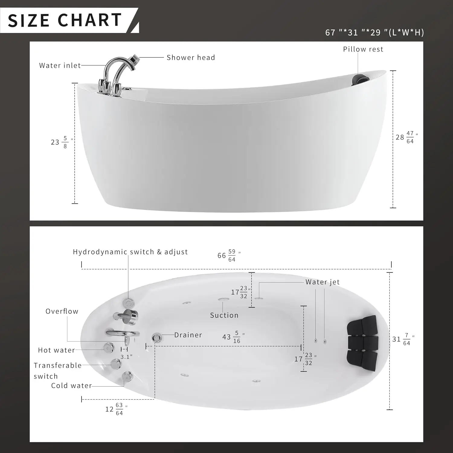 67-Inch Freestanding Whirlpool Bathtub Oval with 7 Hydromassage Water Jets Luxury Acrylic Massage SPA Soaking Bath Tub Single
