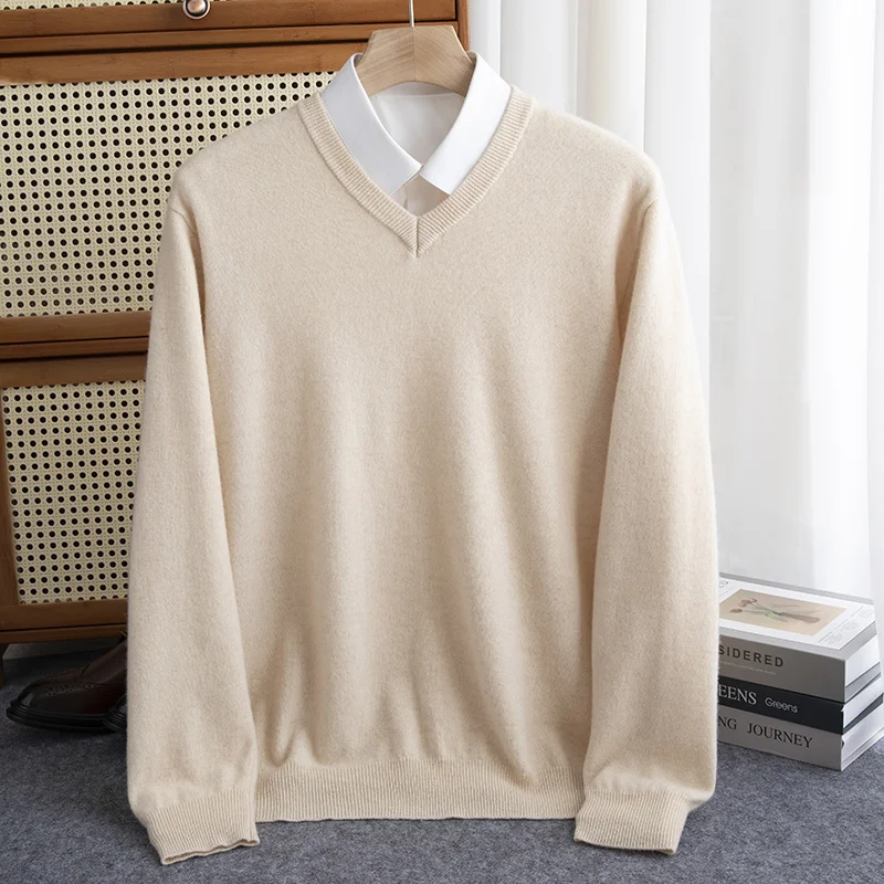 Knitted Woolen Sweater Men's V-neck Loose Spring and Autumn new Business and Leisure Pullover with a Bottom and Top underneath