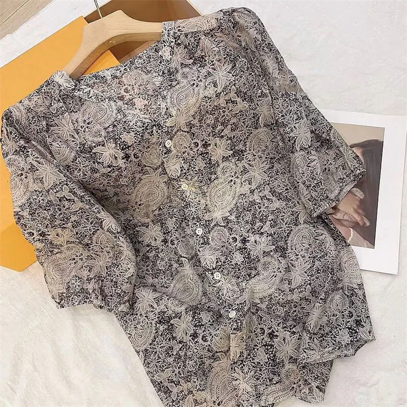 

Women's Y2K Vintage Printed Elegant Chic Button Up Shirt Summer Korean V Neck Half Sleeve Blouse Casual Loose Tops Female Blusas
