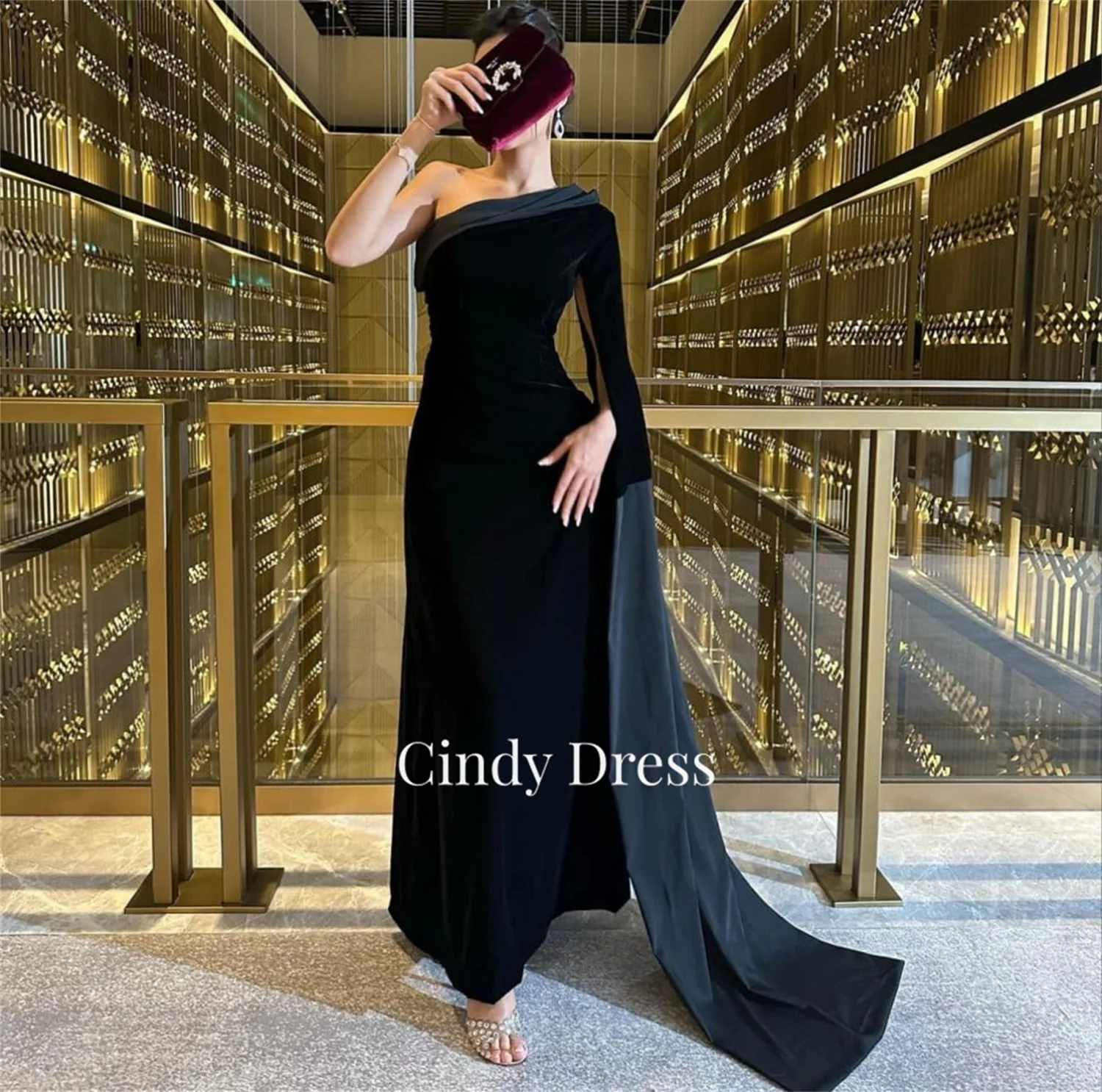 

Cindy Velvet Ball Gown One Shoulder Sleeve Eid Al-fitr Black Cocktail Grace Long Wedding Party Dress Prom Women Dresses Elegant