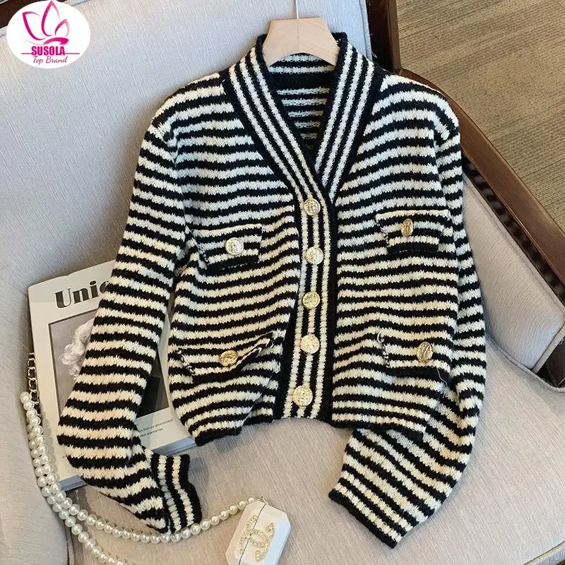 

SUSOLA Retro Striped Color Knit Cardigan Female Small Fragrant Wind Coat V Collar Sweater Loose Lazy Long Sleeves Sweater