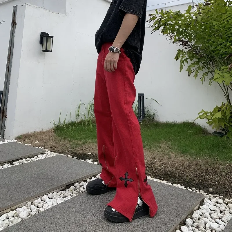 American High Street Pant Zipper Slit Cross Patch Jeans Men Women Couples Niche Punk Gothic Design Pants Capris Red Large Size american street cross print hip hop jeans women s pants autumn and winter high waist design loose straight wide leg pants