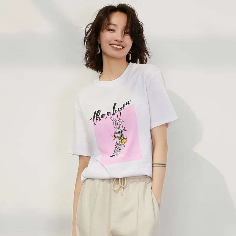

Cotton T-shirt,half Sleeveeared Rabbit Print Short-sleeved Top for Women Small 2023 New Summer Outfit