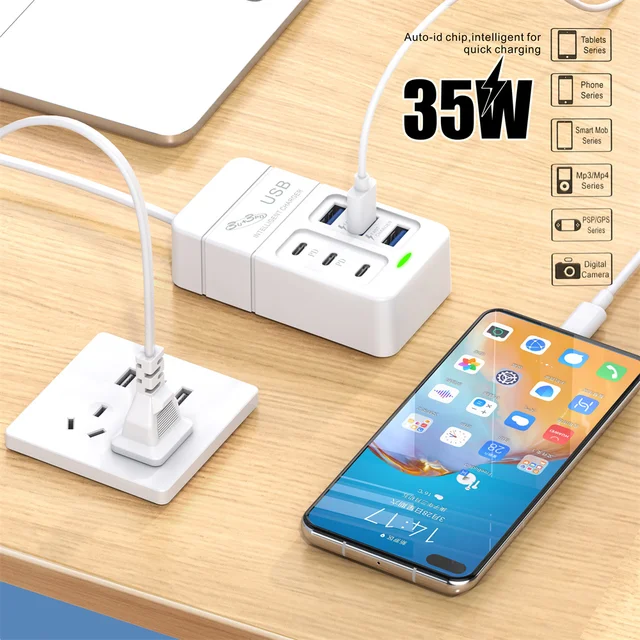 35W Multiport USB Charger PD Type C Fast Charging EU US Plug Wall Charger USB Hub Adapter 6 Ports USB Quick Mobile Phone Charger 3