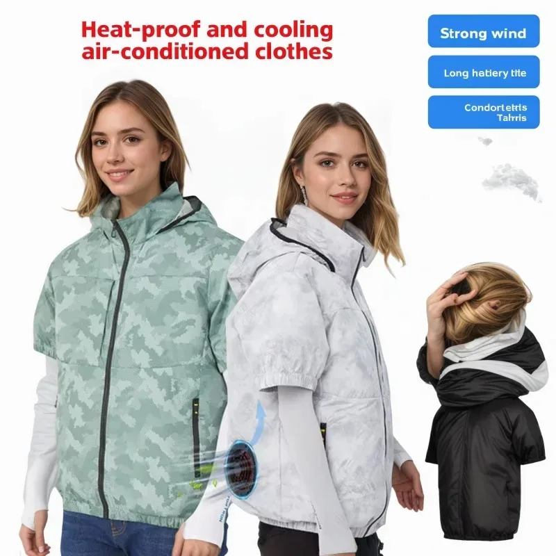 Summer Cooling Fishing Shirt Men Women Short Sleeve Air Conditioner Outdoor Camping USB Fan Jacket Breathable Sun Protection