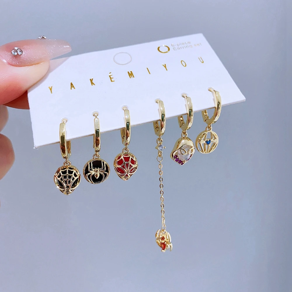 6pcs/set Cool Cubic Zircon Spider Hero Huggie Earrings Gold Color Women Girls Ear Stack Jewelry 3