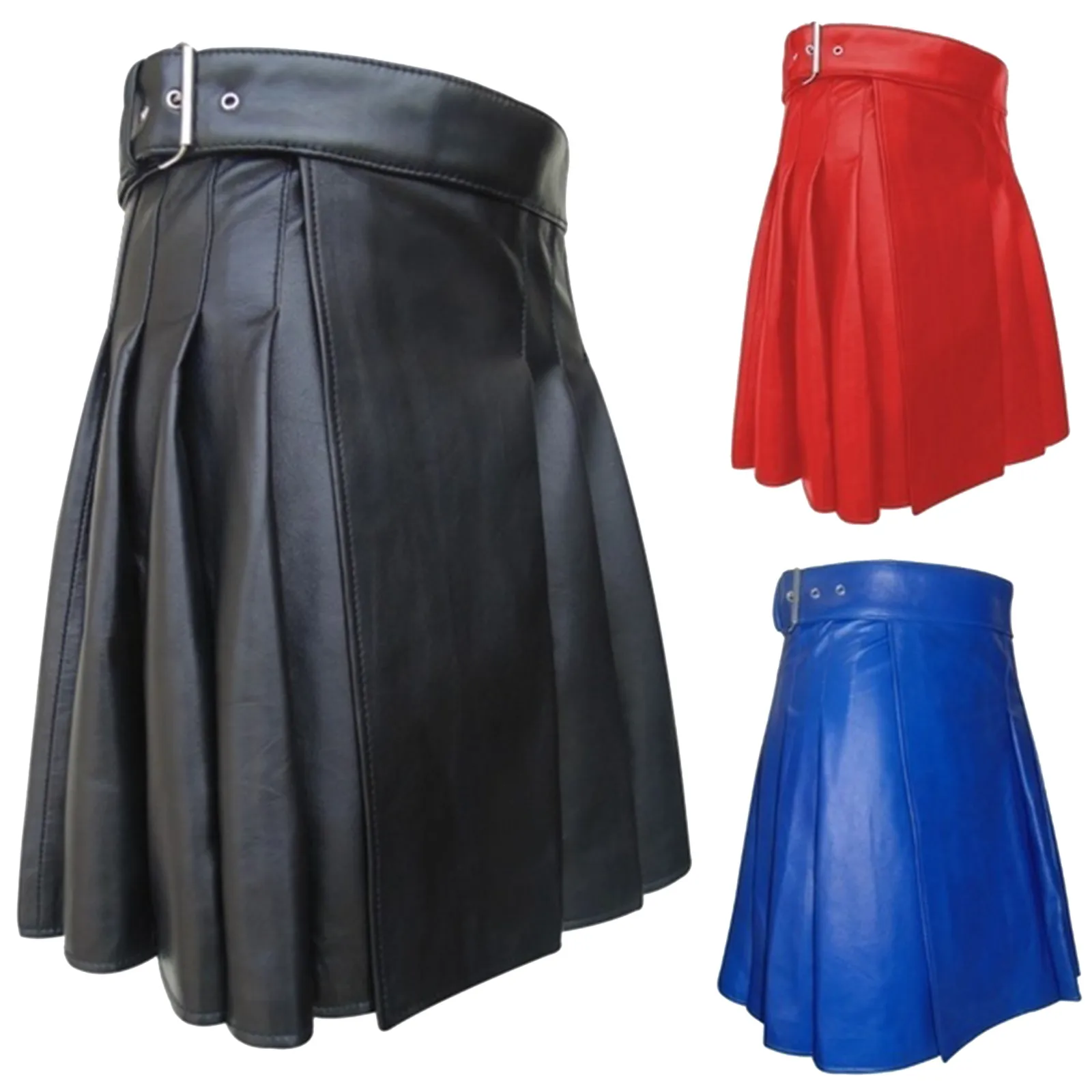 Hot Sale Men Solid Leather Pleated Skirt Fashion Scottish Style Leather Belt Solid Color Pleated Skirt Fashion Casual Male