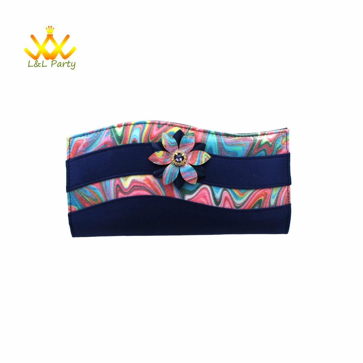 Dark Blue Wimen Sandal Decorate with Flower Shoes Matching Bag Set For Mature Ladies Royal Wedding Party