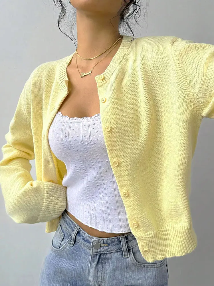 HH Women Elegant Yellow Knitted Sweater O Neck Long Sleeve Single-breasted Short Cardigan Autumn Casual Office Lady Coats