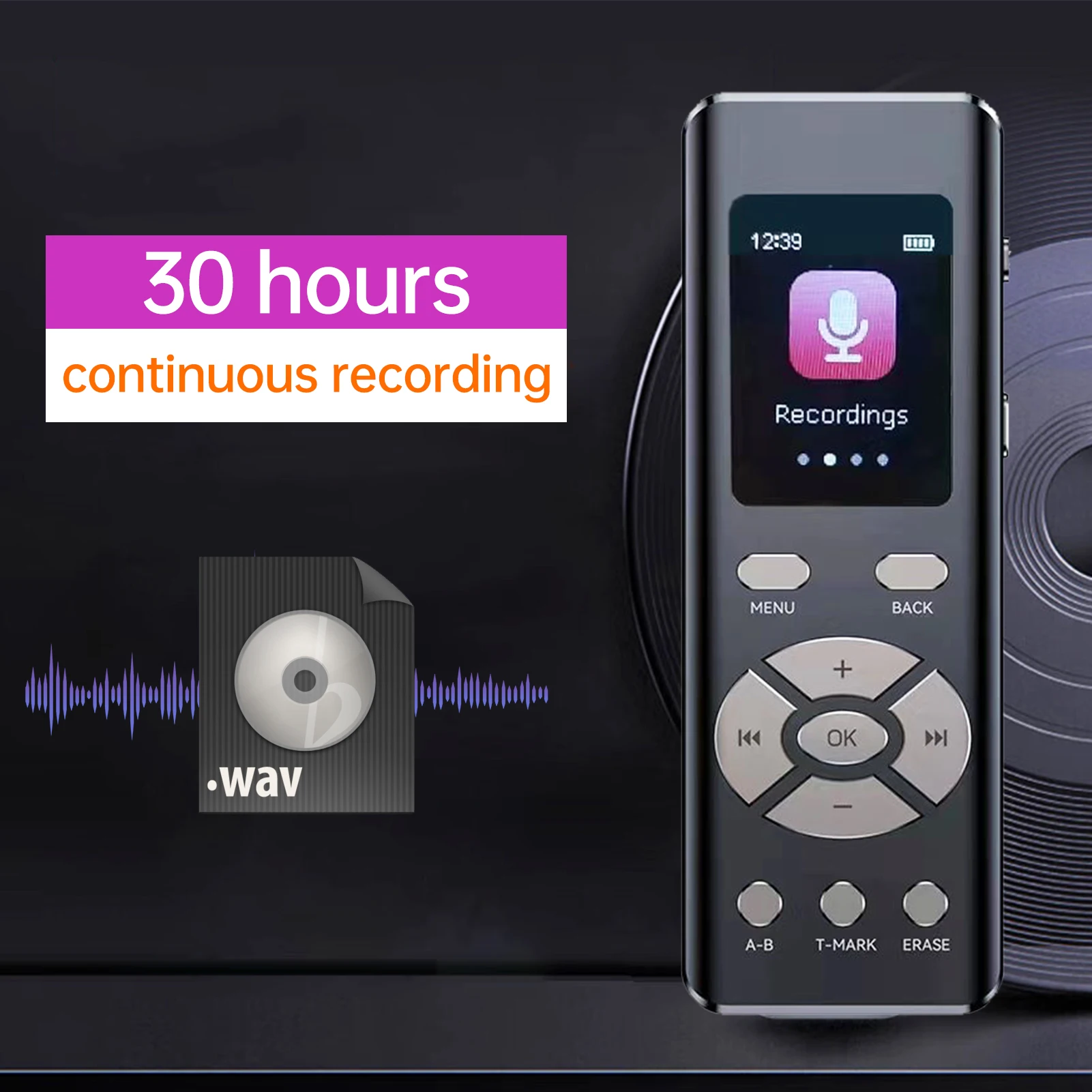 16GB Intelligent Noise Reduction Voice Recorder Microphone High-fidelity A-B Loop Playback MP3 2-Channel Stereo Recording