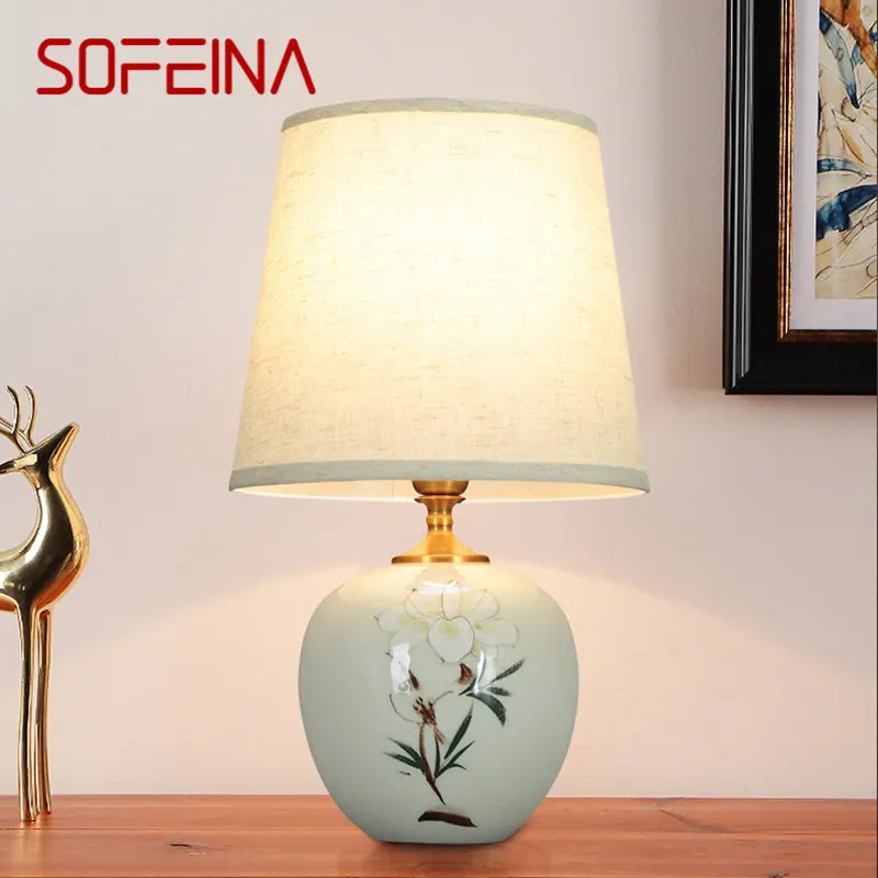 

SOFEINA Ceramic Table Lamps Chinese for Bedside Modern White LED Dimming Desk Light For Home Living Bedroom Decor
