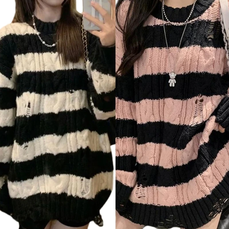 

Women Gothic Punk Long Sleeve Sweater Ripped Hole Cable Knit Striped Loose Dress