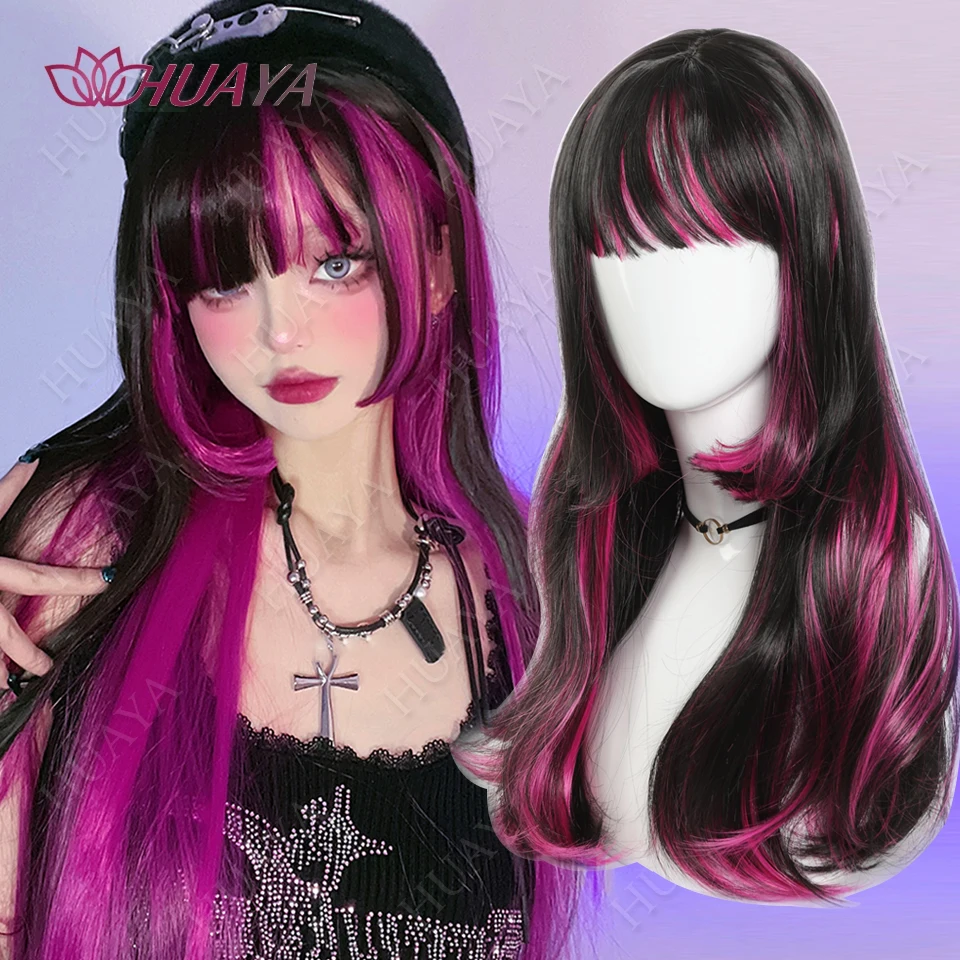 Black Mix Purple Wig Long Synthetic Wig with Bangs Natural Straight Black Highlights Purple for Women Cosplay Party Daily Use