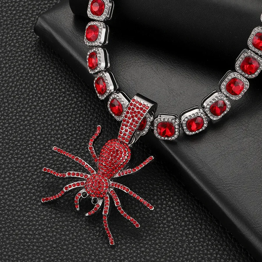 Men Women 12mm Hiphop Square Red Crystal Tennis Chain Iced Out Fashion Silver Color Spider Pendant Choker Necklace Jewelry Gifts