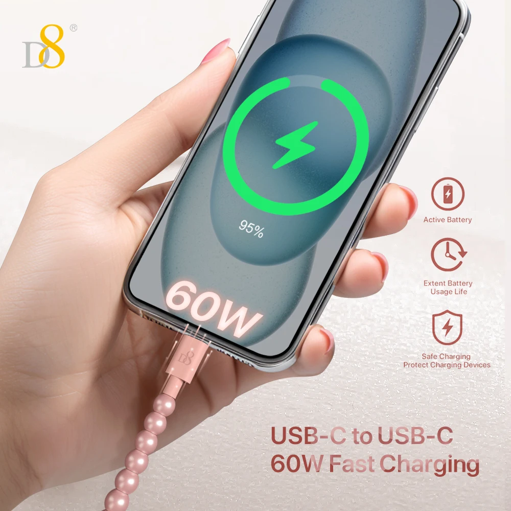 D8 60W USB C - USB C 충전기 케이블 USB 2.0 유형 C 고속 충전 케이블, iPhone 15 / 15Pro / 15Plus / 15Pro와 호환 가능