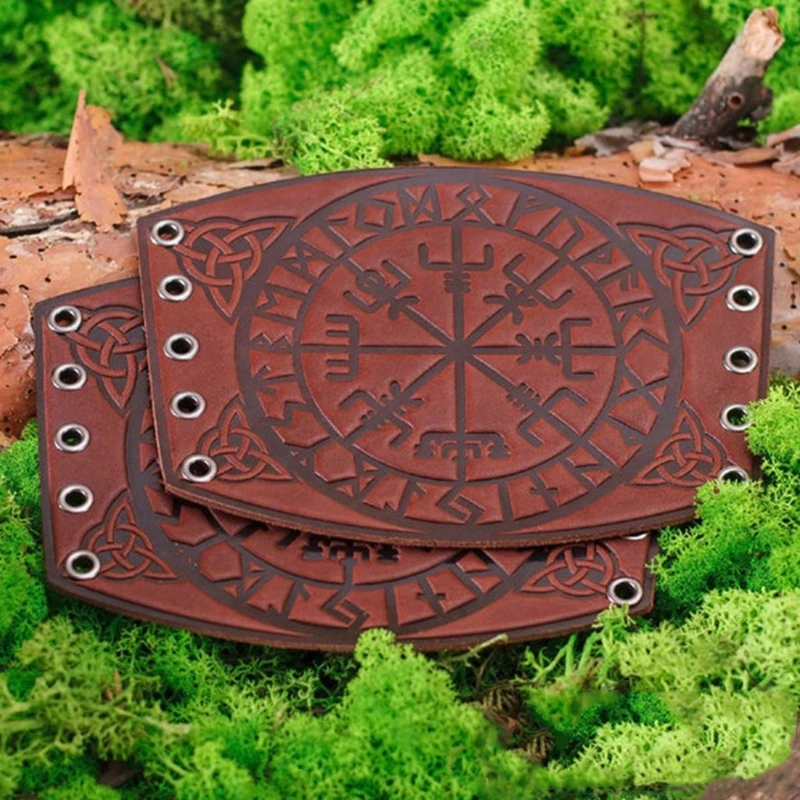 1 Pair Nordic Viking Vegvisir Embossed Arm Bracers Medieval PU Leather Arm Guards Viking Leather Bracers Cosplay Jewelry