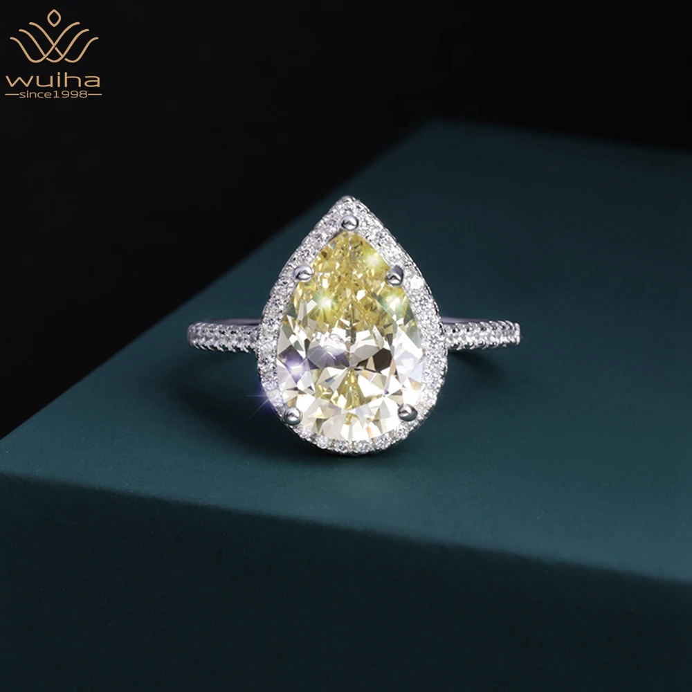 

WUIHA Luxury 100% 925 Sterling Silver Pear Cut 16*10MM Yellow Diamond Created Moissanite Wedding Ring Fine Jewelry Drop Shipping