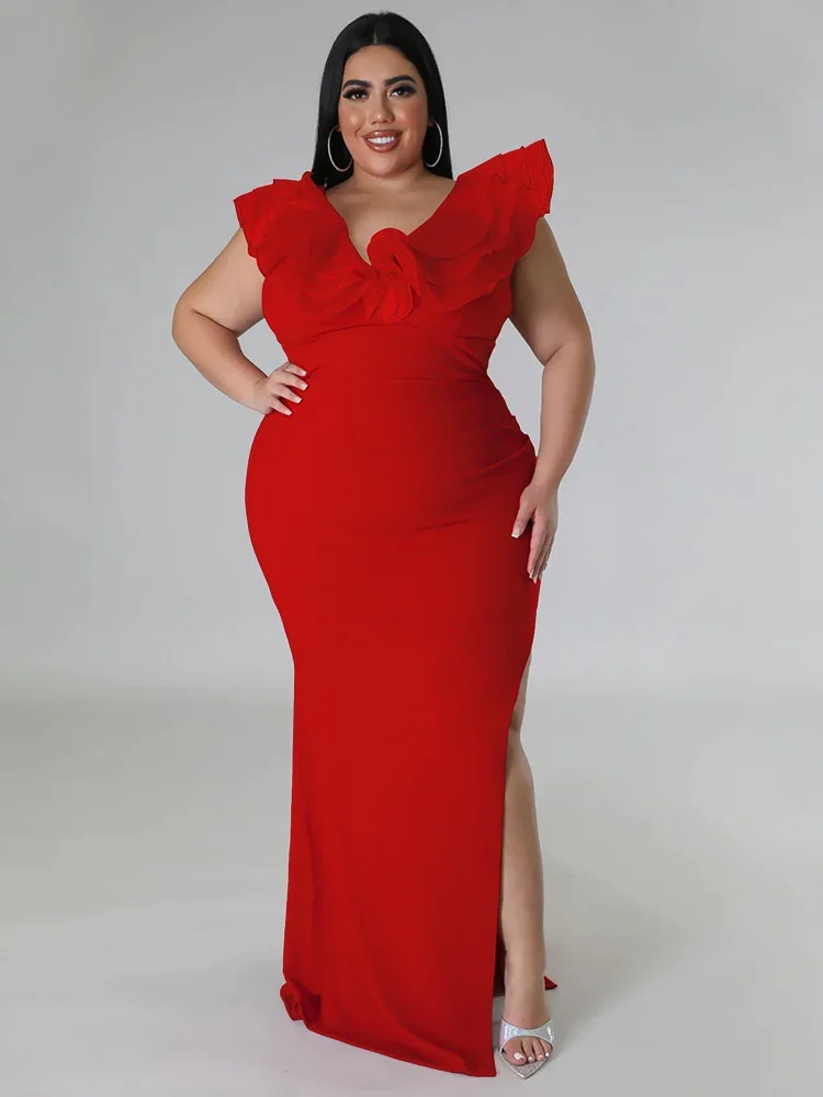 Wmstar Plus Size Party Dresses Women Sexy Petal Collar Elegant Slip Hem Solid Maxi Dress Summer Clothes Wholesale Dropshipping