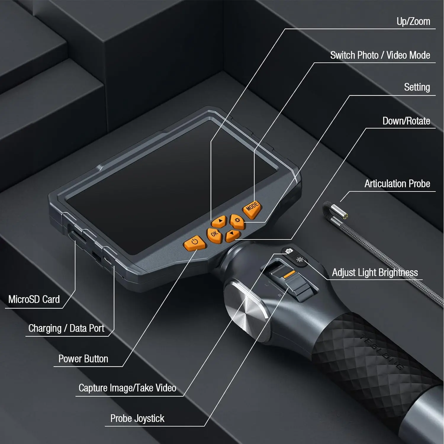 TESLONG TD500 3.9MM Lens Articulating Borescope 1080P 5 Inch IPS Screen Two Way 360&deg; Steering Endoscope Camera with WIFI inspection camera mini endoscope camera