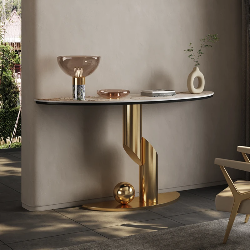 

Affordable Luxury Style Stainless Steel Stone Plate Console Tables Side View Modern Art Entrance against the Wall