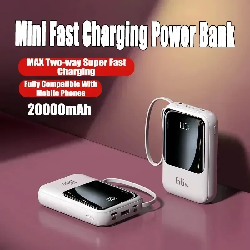 Mini Power Bank à charge rapide, écran LED, affichage numérique, batterie externe avec câble, iPhone, Samsung, Huawei, 20000mAh 5