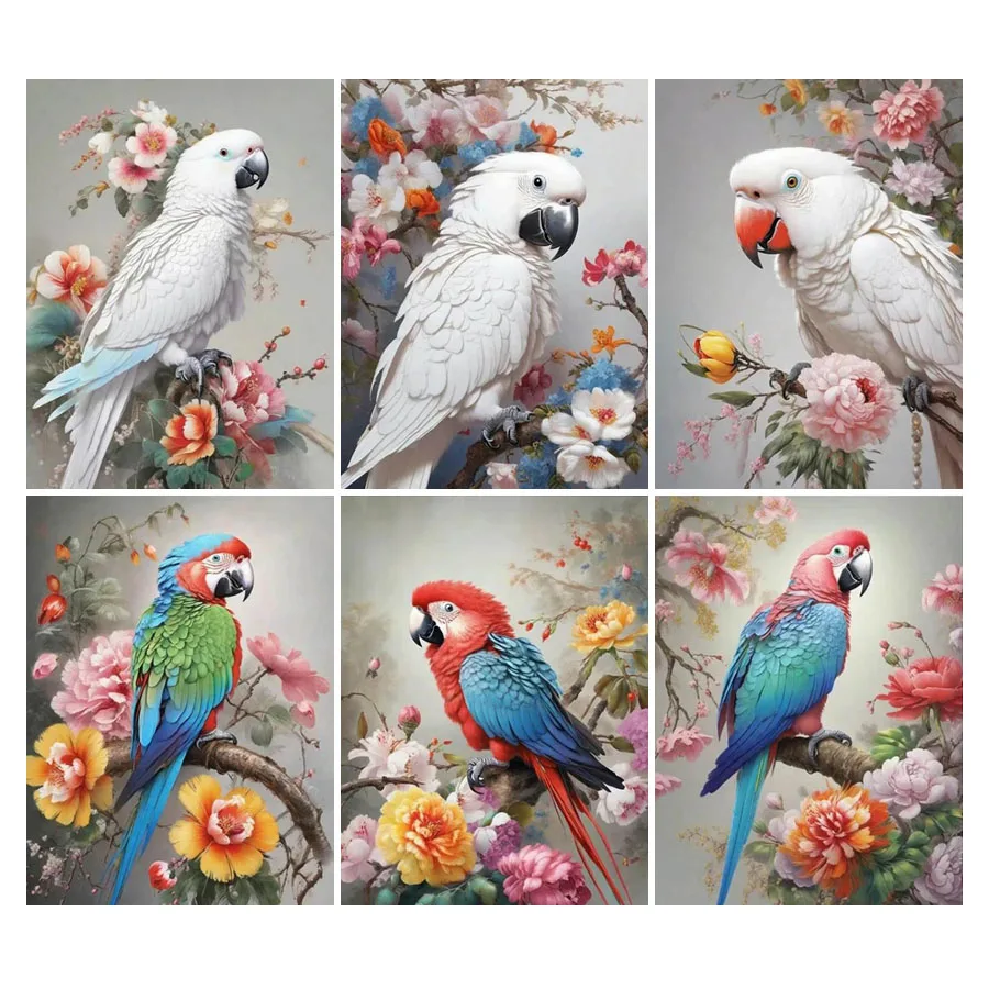 FULLCANG DIY 다이아몬드 페인팅, 화이트 및 컬러 앵무새 풀 라인스톤 아트, 모자이크 자수 키트, 동물 새 벽 장식, FG2296