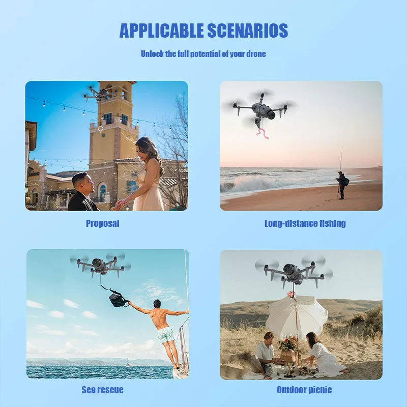 Vue de côté du dispositif de largage pour drone DJI Mavic 4 Pro, avec l'appât de pêche attaché et prêt à être largué.