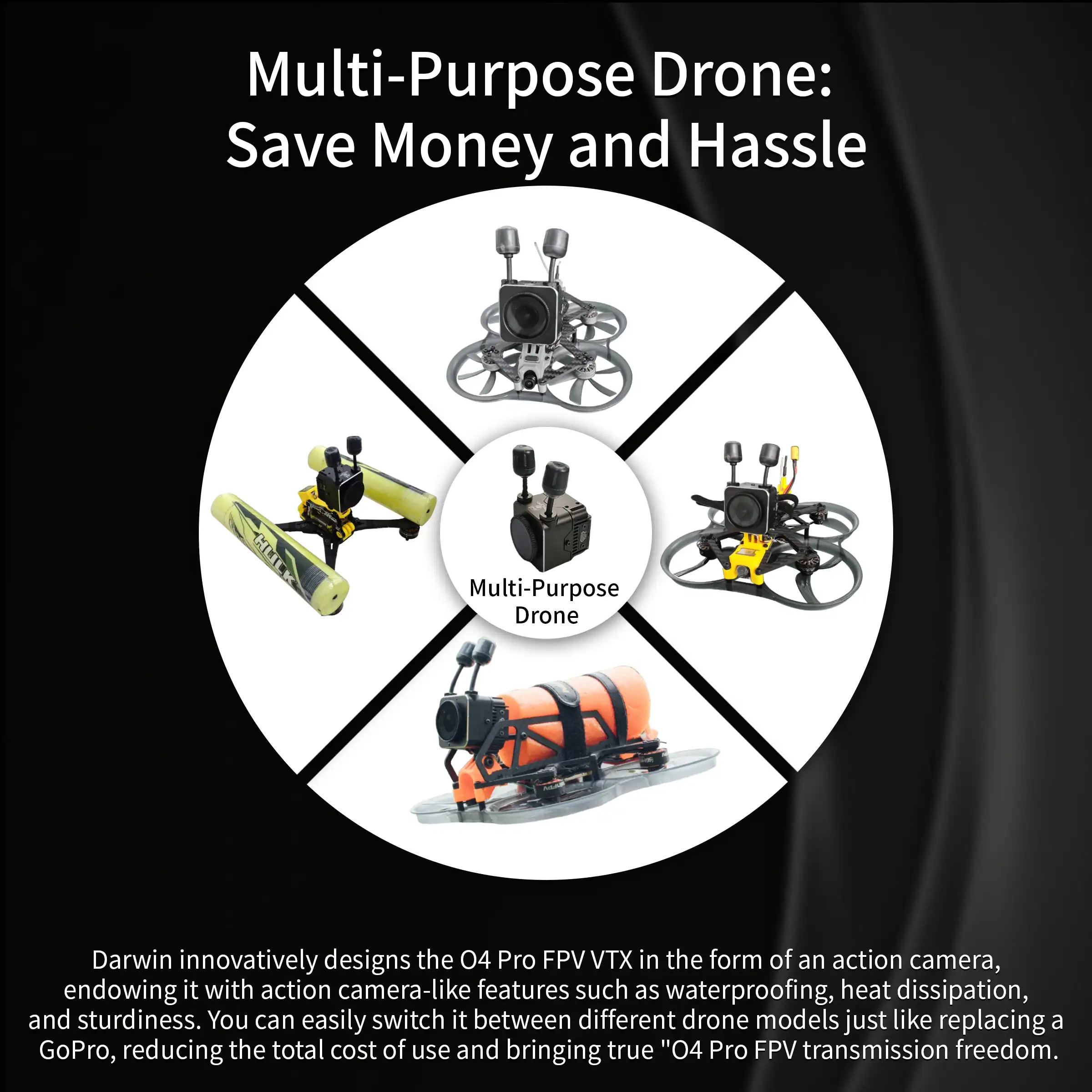 Multi-purpose drone with O4 Pro FPV VTX, easy model switching like replacing a GoPro, and action camera-like features.