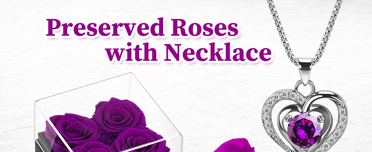 valentines Forever Purple Roses Jewelry Box Gift, Preserved Flowers Gifts for Her, Girlfriend, Wife
