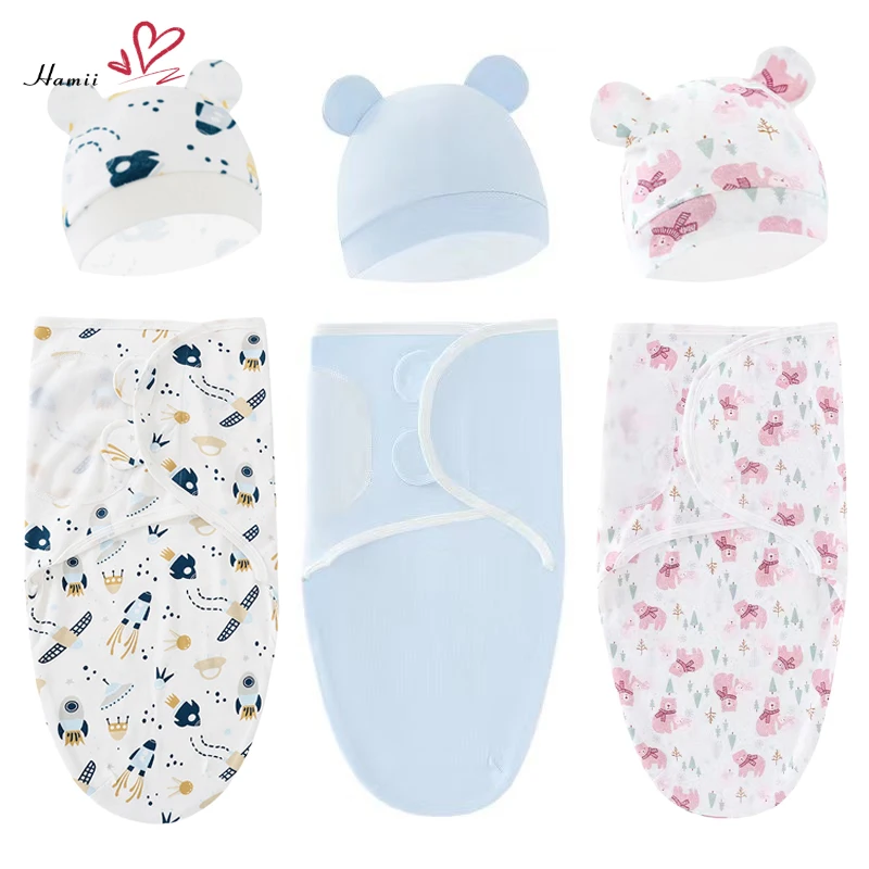 

Cotton Newborn Sleepsack Baby Swaddle Blanket Wrap Hat Set Infant Adjustable New Born Sleeping Bag Muslin Blankets 0-6Months