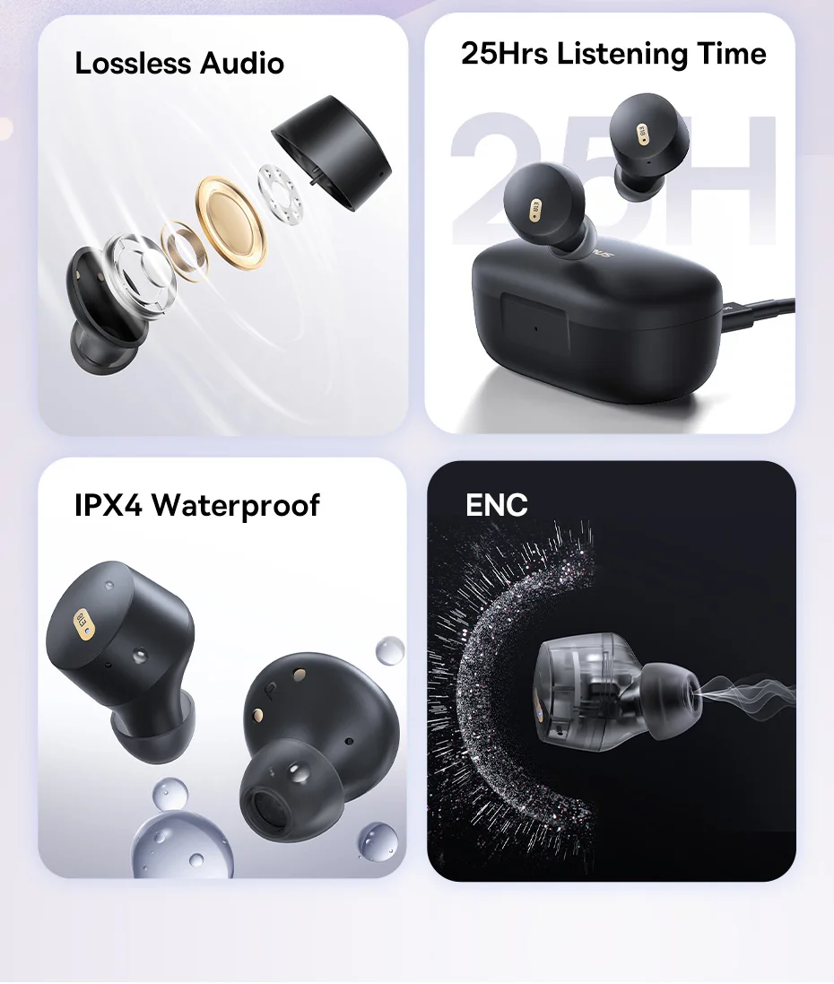 Écouteurs Baseus dans leur boîtier de charge