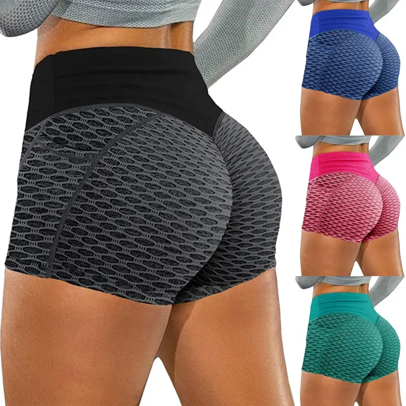 Spodenki dla kobiet siłownia Skinny Fitness wysoki stan booty szorty z kieszeniami sportowe Bubble Butt Push Up damskie, treningowe legginsy