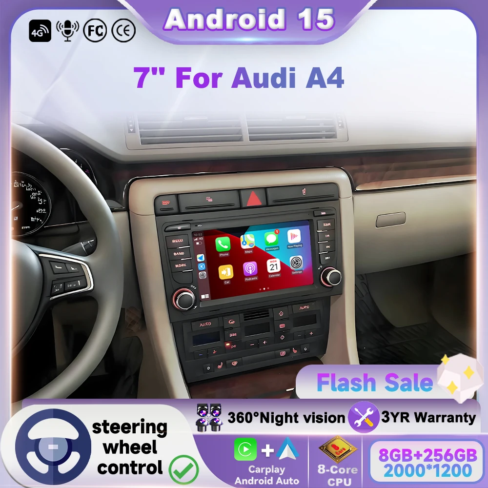 Radio para Auto Android 15 de 7'' para Audi A4 B6 B7 B8 S4 RS4 Seat Exeo, Reproductor Multimedia Android Auto, Carplay Inalámbrico, Pantalla Táctil 2din 1